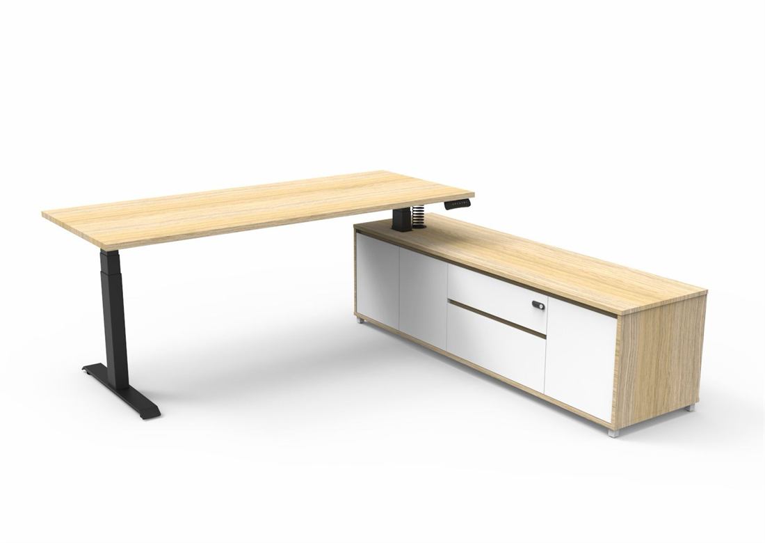 Executive sit-stand desk with a matching credenza