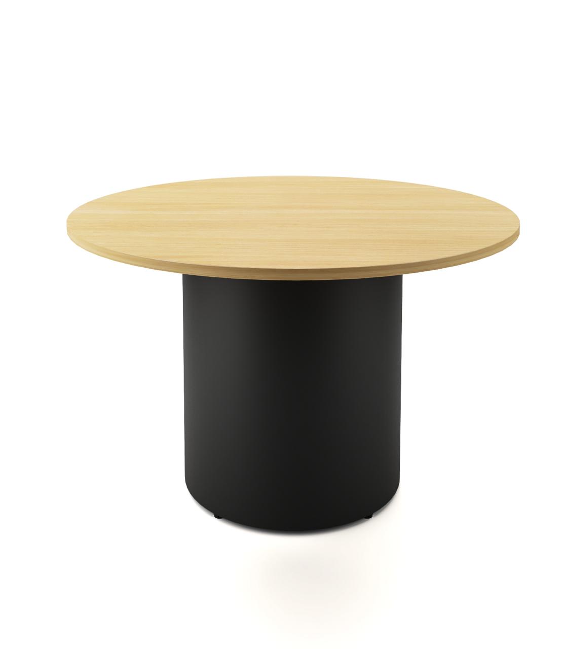 Round oak meeting table on a drum base