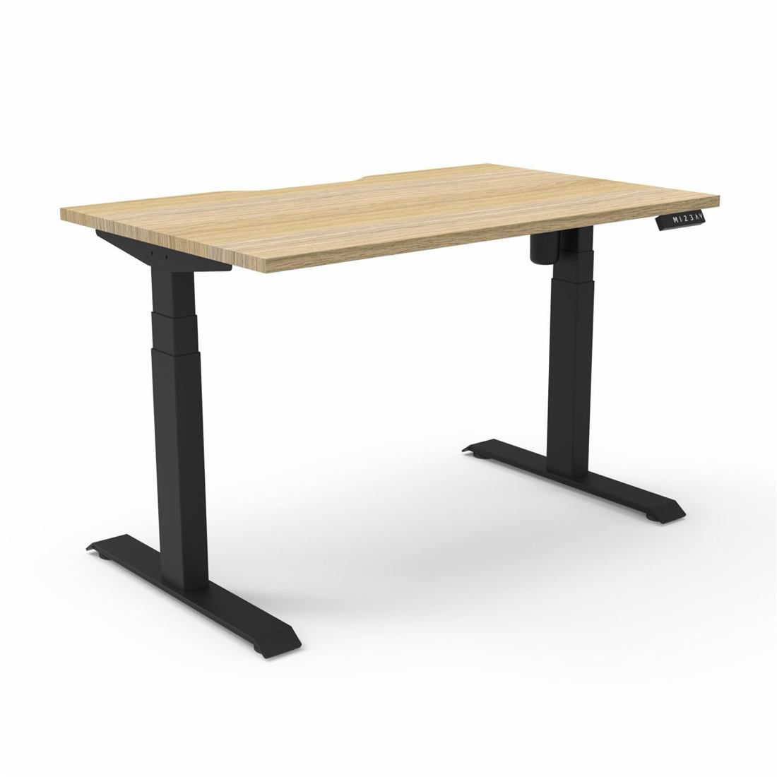 Sit-stand desk with an oak top and black frame