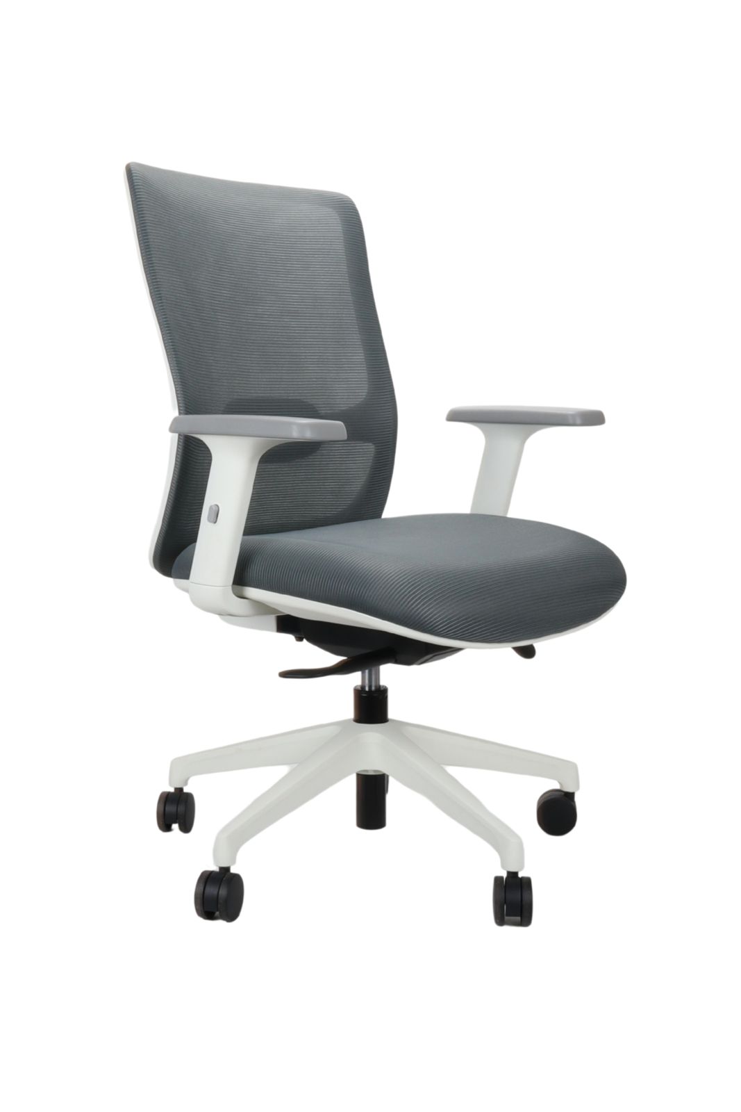 Grey mesh task chair on a white frame